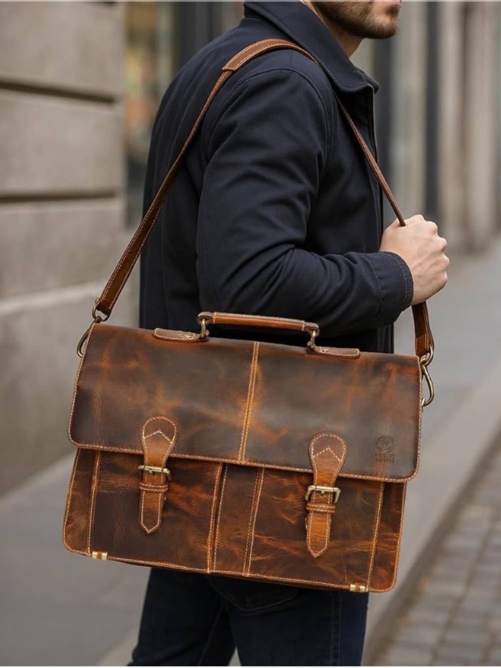 NWOT Rustic Town Handmade Leather Shoulder Briefcase Messenger Laptop Bag Men’s
